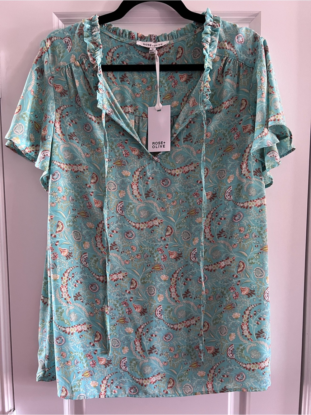 Rose & Olive Aqua Floral Peasant Top